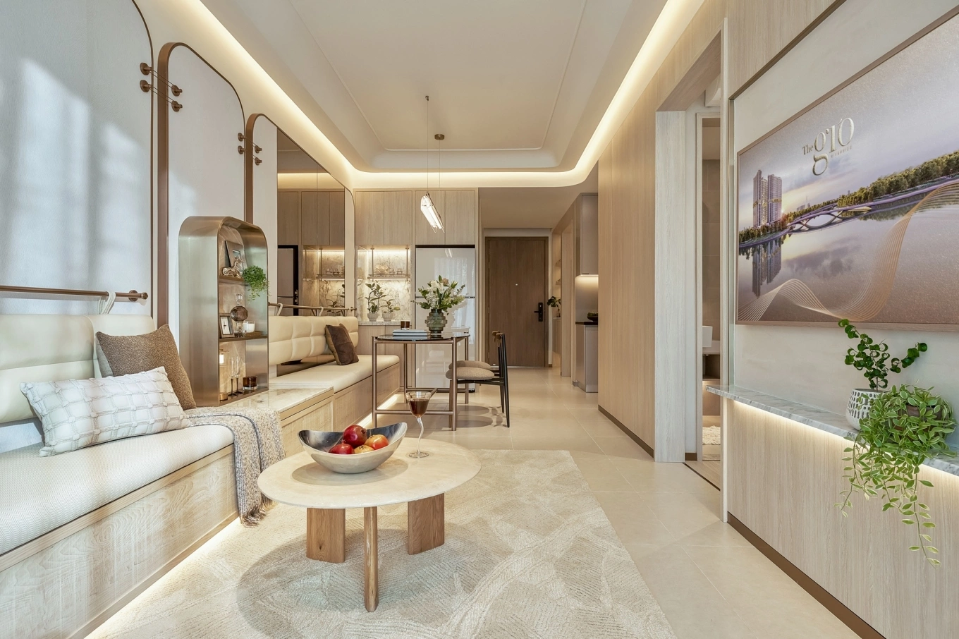 Không gian căn hộ 65m2 được thiết kế khoáng đạt, tối ưu ánh sáng tự nhiên để tạo sự cân bằng cho gia chủ.